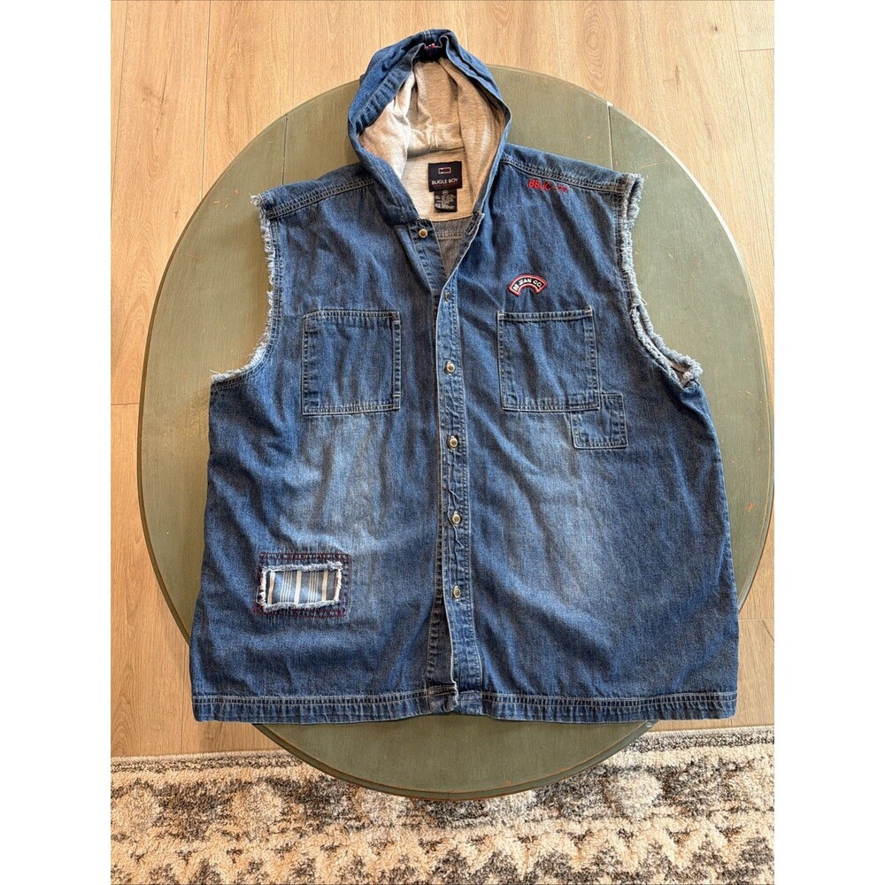 Vintage Y2K Bugle Boy Jean Co Hooded Denim Vest 2XL Blue Distressed BBJC-77